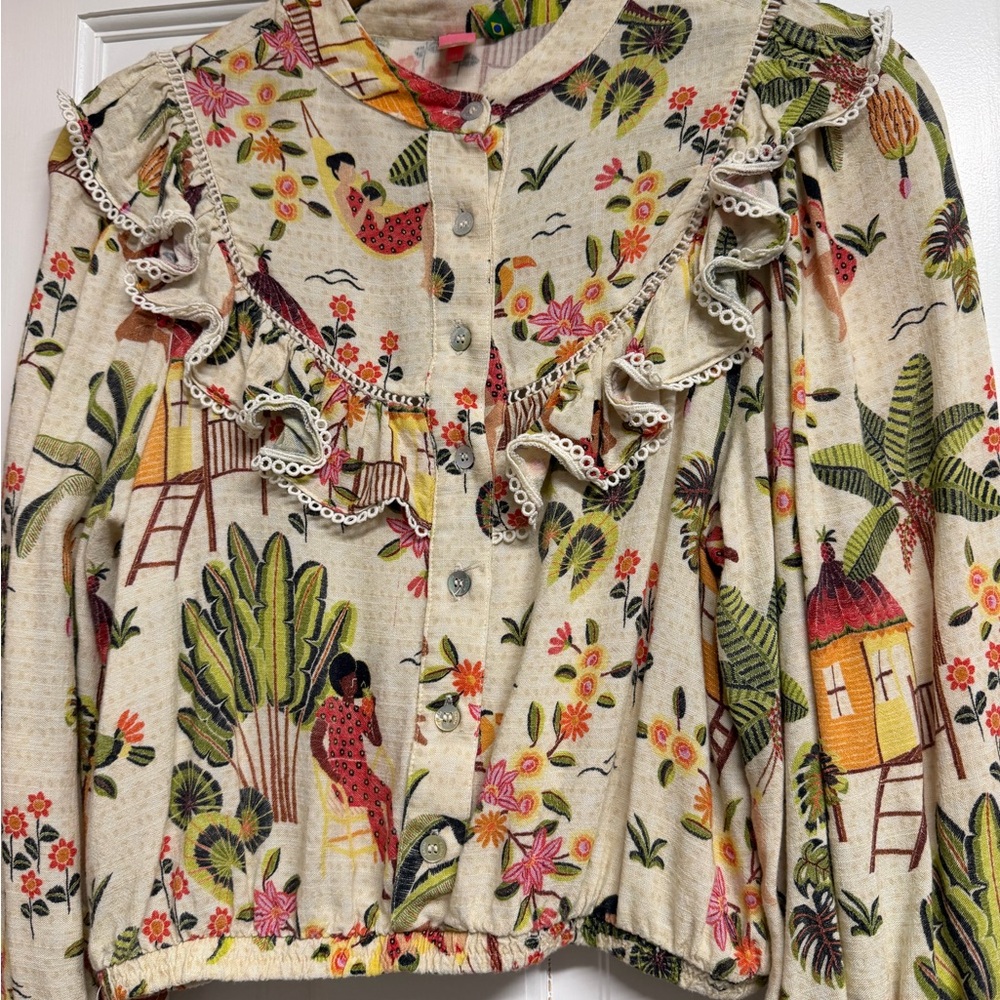 FARM Rio Cream Tropical Print Ruffle Blouse - Picture 3 of 3